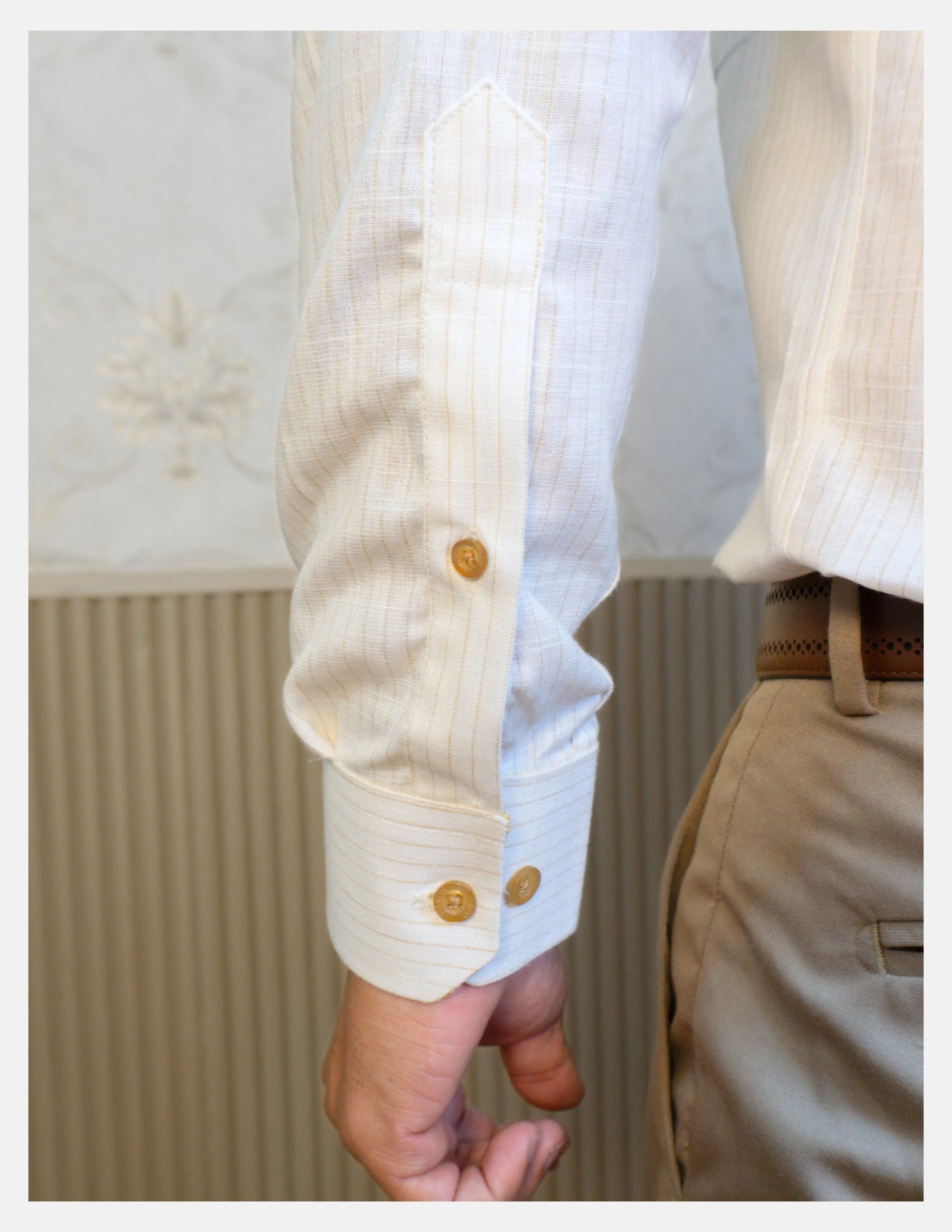 Off-White Pinstripe Linen Shirt for Men – Mandarin Collar & Beige-Gold Contrast Details | Dignity | Sleeve Close-Up View