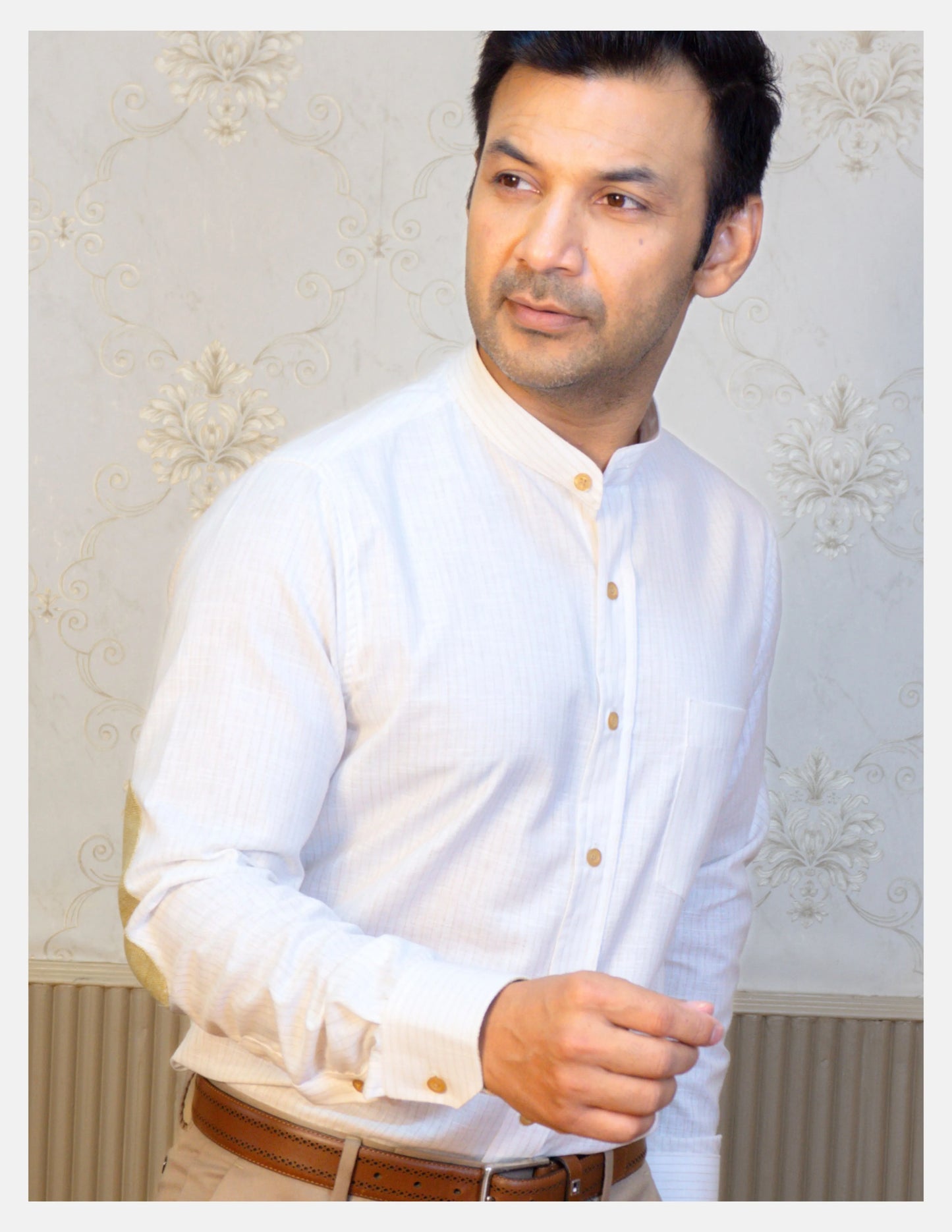 Off-White Pinstripe Linen Shirt for Men – Mandarin Collar & Beige-Gold Contrast Details | Dignity | Tucked-In Walking View