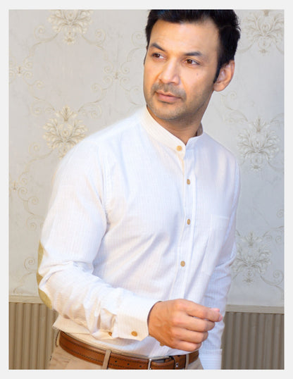 Off-White Pinstripe Linen Shirt for Men – Mandarin Collar & Beige-Gold Contrast Details | Dignity | Tucked-In Walking View