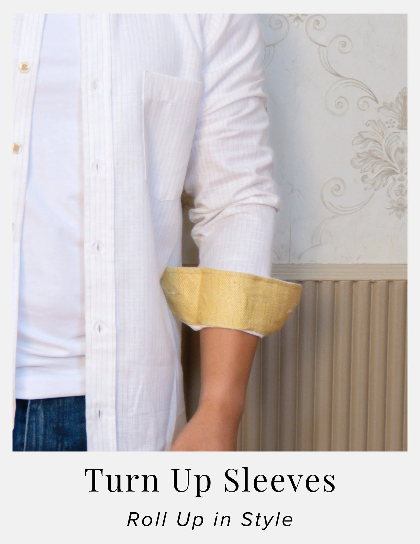 Off-White Pinstripe Linen Shirt for Men – Mandarin Collar & Beige-Gold Contrast Details | Dignity | Turn-Up Sleeve Detail View