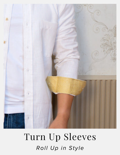 Off-White Pinstripe Linen Shirt for Men – Mandarin Collar & Beige-Gold Contrast Details | Dignity | Turn-Up Sleeve Detail View