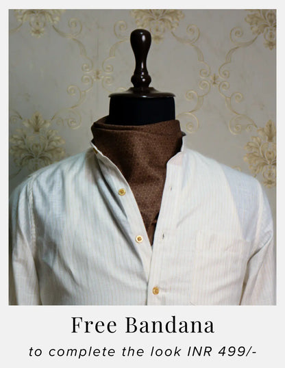 Off-White Pinstripe Linen Shirt for Men – Mandarin Collar & Beige-Gold Details | Dignity | Complimentary Bandana Styling View