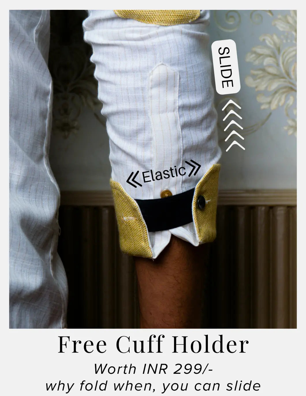 Off-White Pinstripe Linen Shirt for Men – Mandarin Collar & Beige-Gold Details | Dignity | Complimentary Cuff Holder Detail View