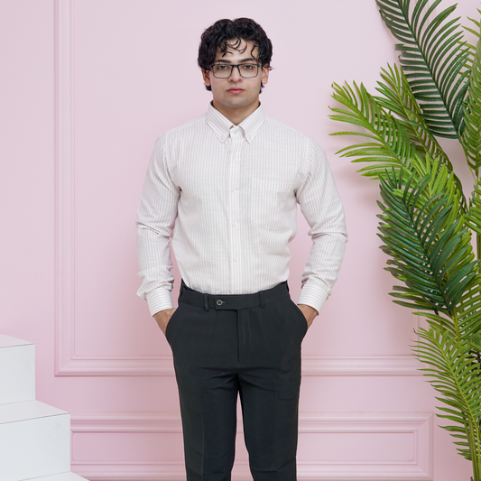 Pink Striped Linen Shirt for Men – White Contrast Button-Down Collar