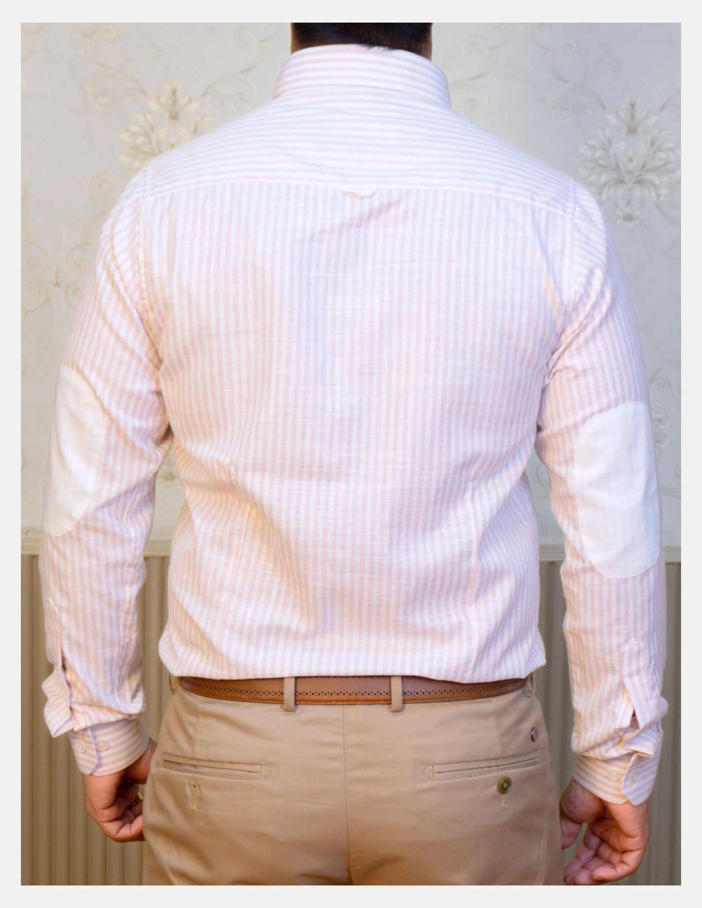 Pink Striped Linen Shirt for Men – White Contrast Button-Down Collar | Dignity | Back View with Elbow Patches