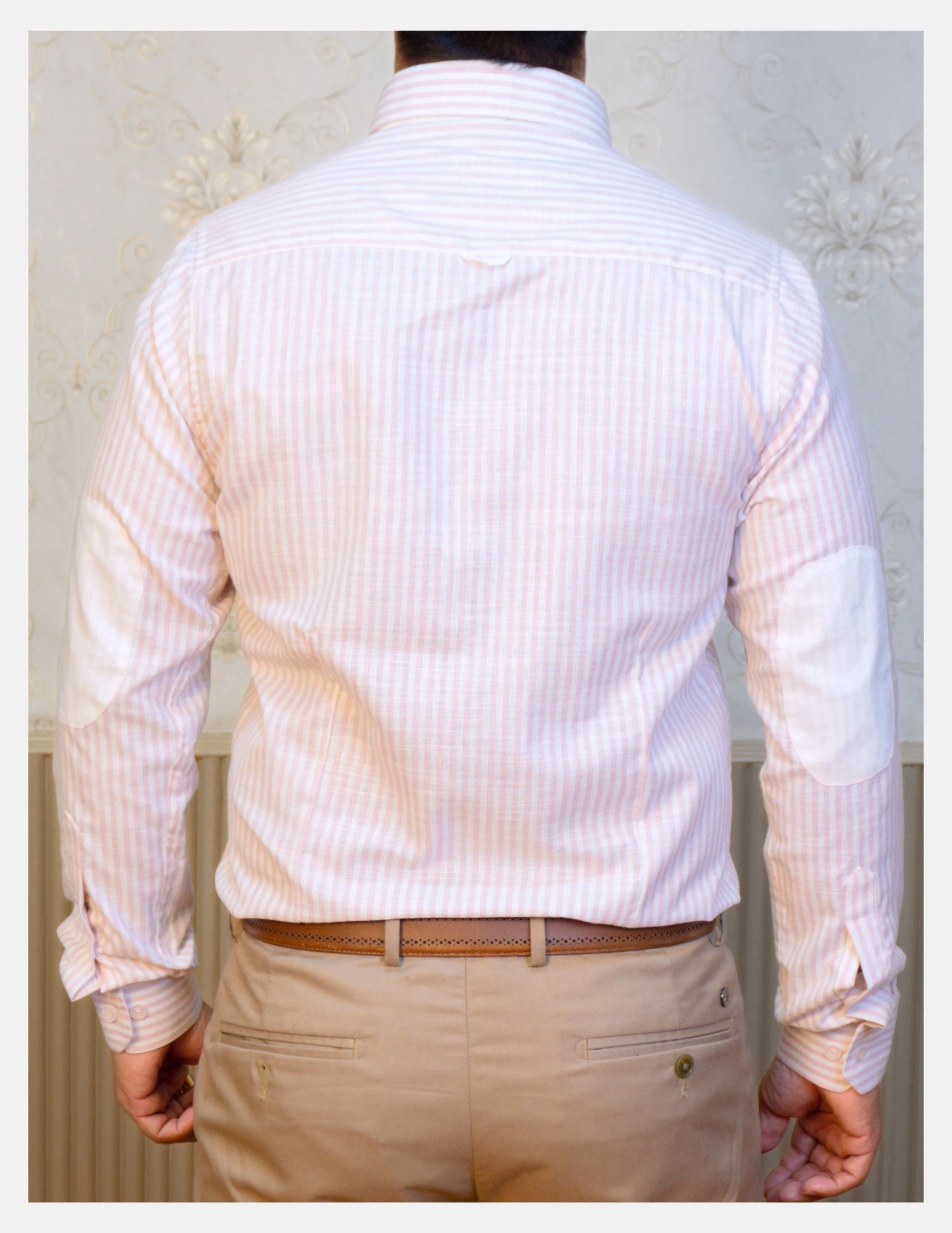 Pink Striped Linen Shirt for Men – White Contrast Button-Down Collar | Dignity | Back View with Elbow Patches