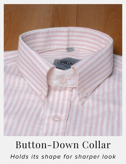 Pink Striped Linen Shirt for Men – White Contrast Button-Down Collar | Dignity | Button-Down Collar Detail View