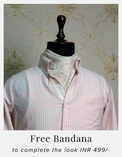 Pink Striped Linen Shirt for Men – White Contrast Button-Down Collar | Dignity | Complimentary Bandana Styling View