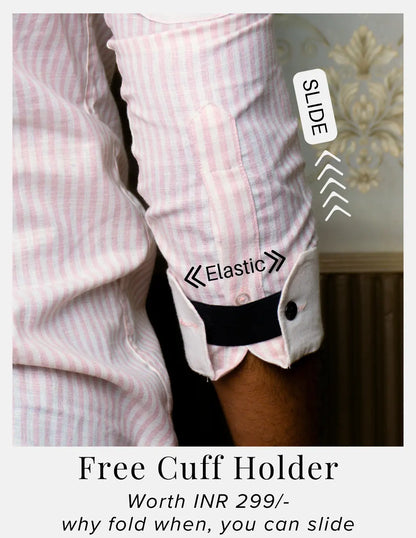 Pink Striped Linen Shirt for Men – White Contrast Button-Down Collar | Dignity | Complimentary Cuff Holder Detail View