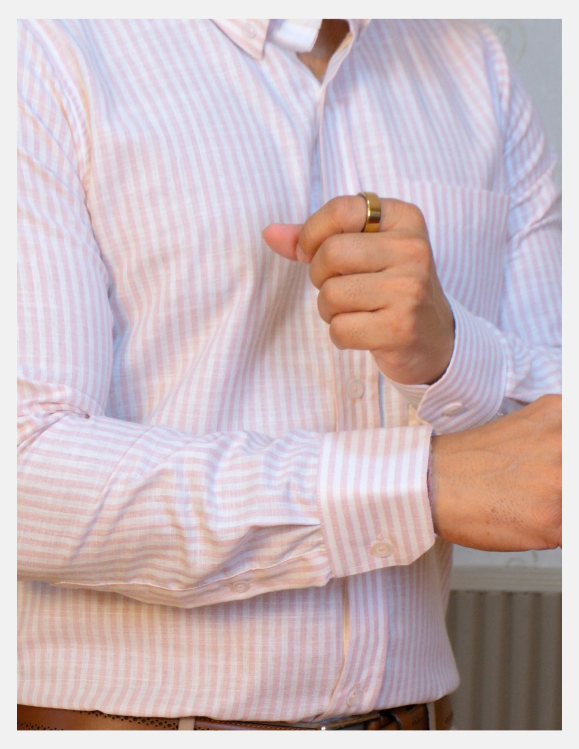 Pink Striped Linen Shirt for Men – White Contrast Button-Down Collar | Dignity | Cuff and Sleeve Detail View