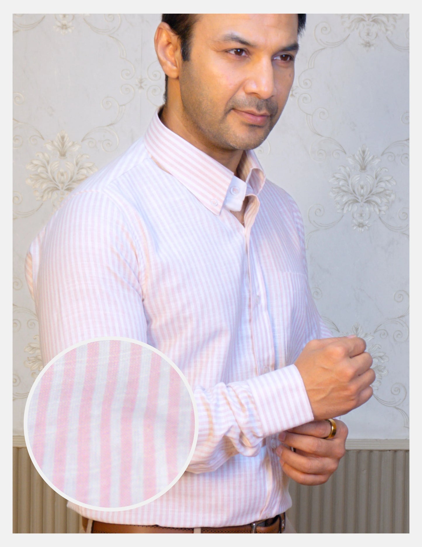 Pink Striped Linen Shirt for Men – White Contrast Button-Down Collar | Dignity | Fabric Texture Front View
