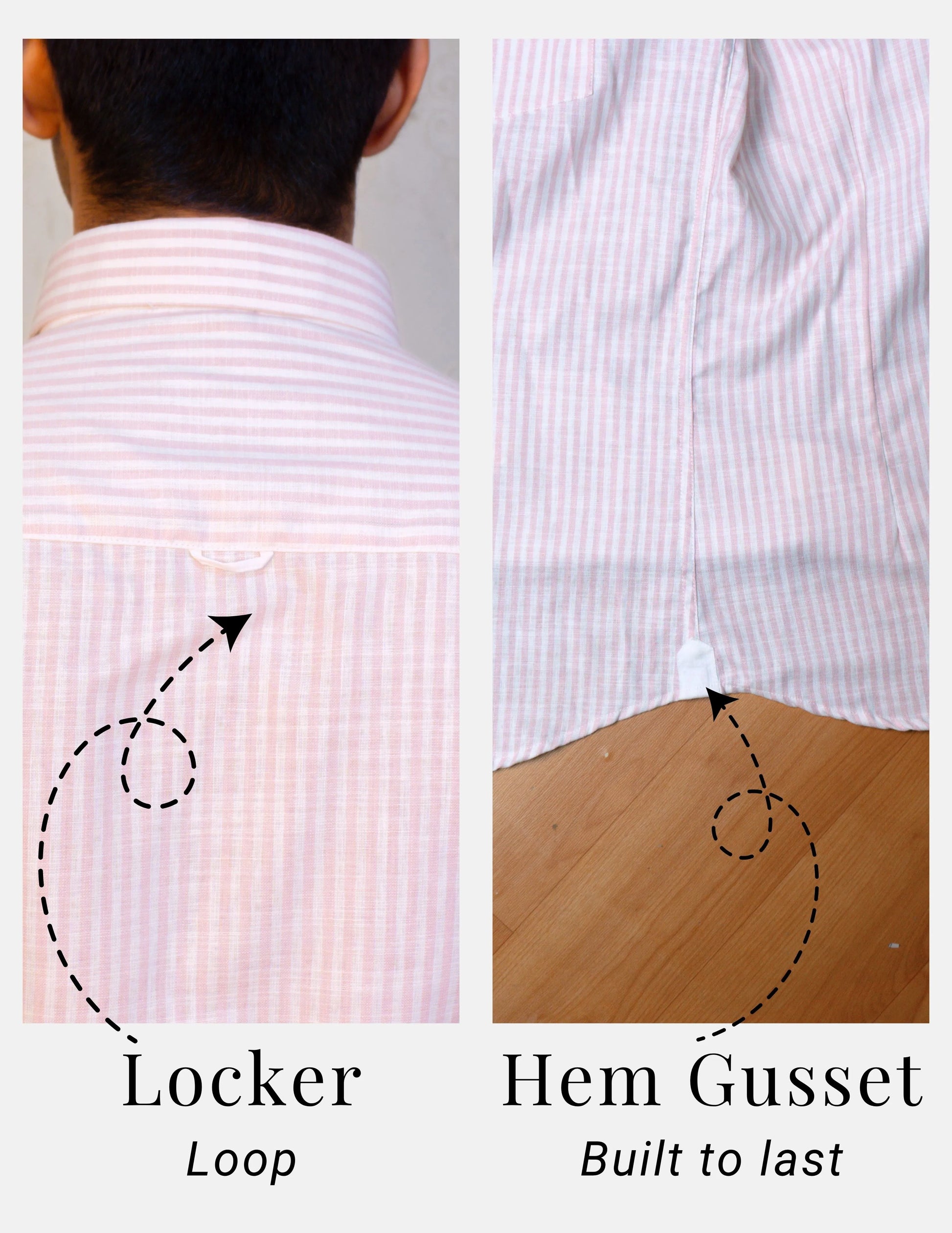 Pink Striped Linen Shirt for Men – White Contrast Button-Down Collar | Dignity | Locker Loop and Hem Gusset Detail View