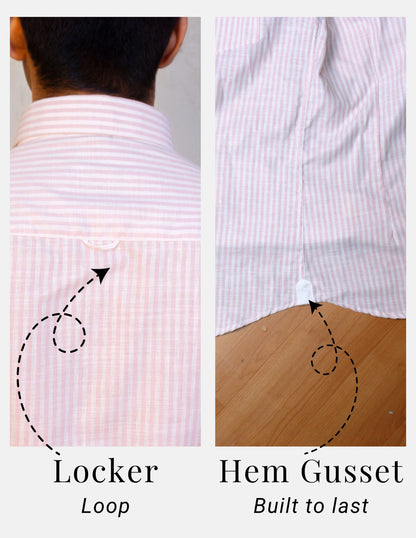 Pink Striped Linen Shirt for Men – White Contrast Button-Down Collar | Dignity | Locker Loop and Hem Gusset Detail View