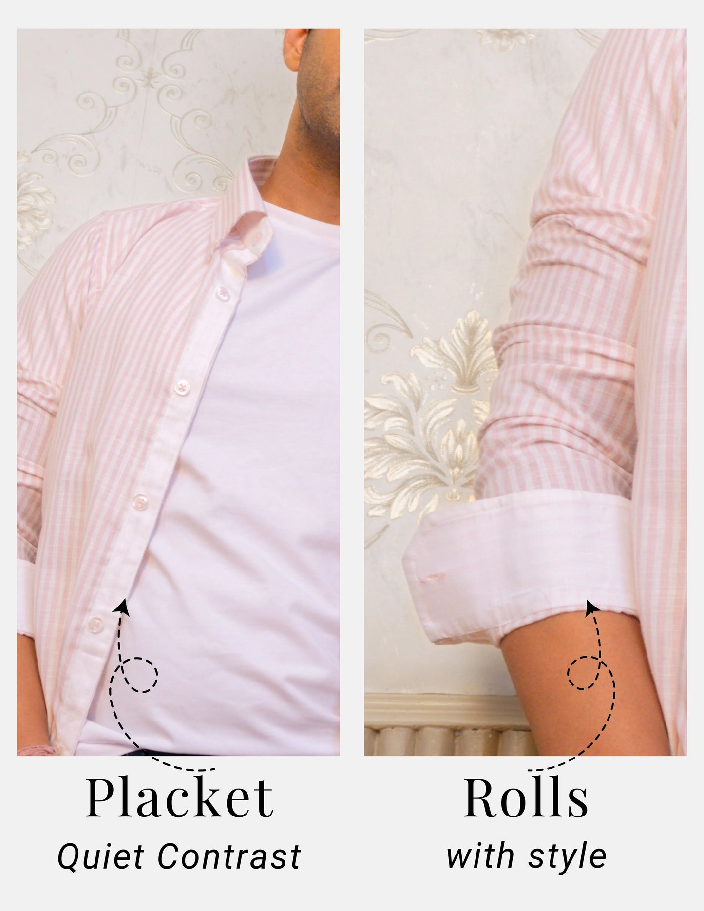Pink Striped Linen Shirt for Men – White Contrast Button-Down Collar | Dignity | Placket and Turn-Up Sleeve Detail View