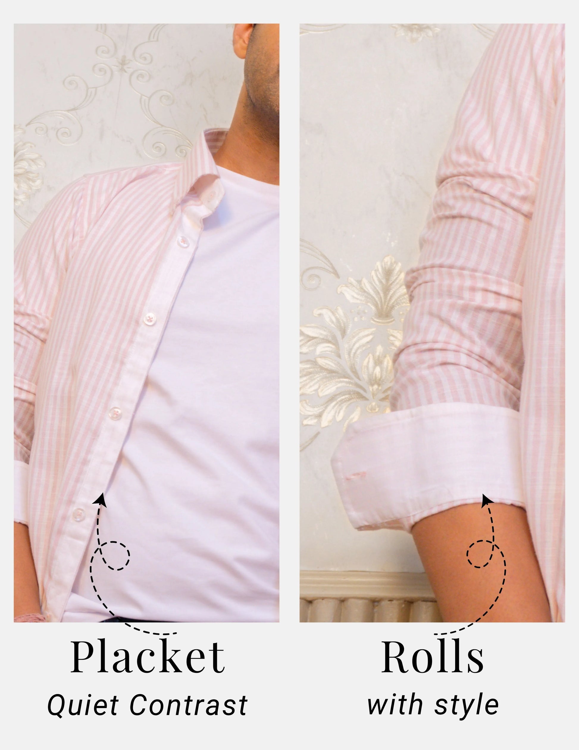 Pink Striped Linen Shirt for Men – White Contrast Button-Down Collar | Dignity | Placket and Turn-Up Sleeve Detail View
