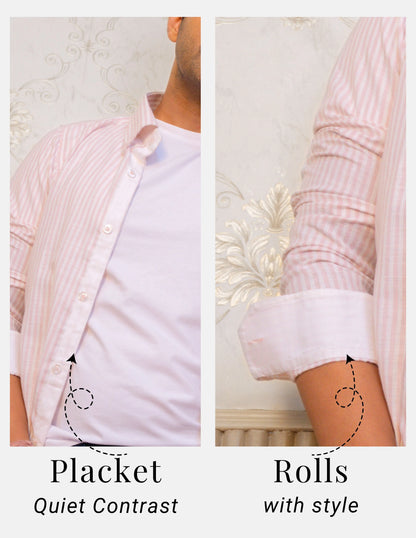 Pink Striped Linen Shirt for Men – White Contrast Button-Down Collar | Dignity | Placket and Turn-Up Sleeve Detail View