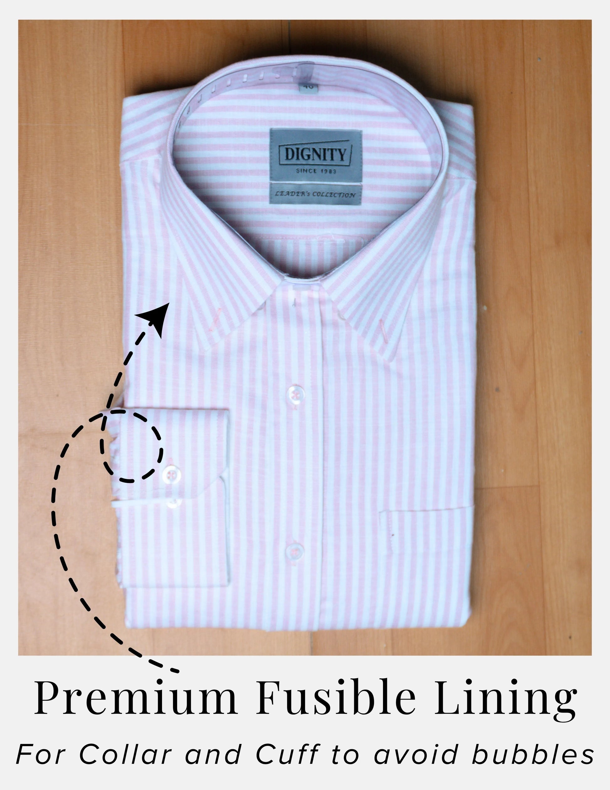Pink Striped Linen Shirt for Men – White Contrast Button-Down Collar | Dignity | Premium Fusible Lining Collar and Cuff View
