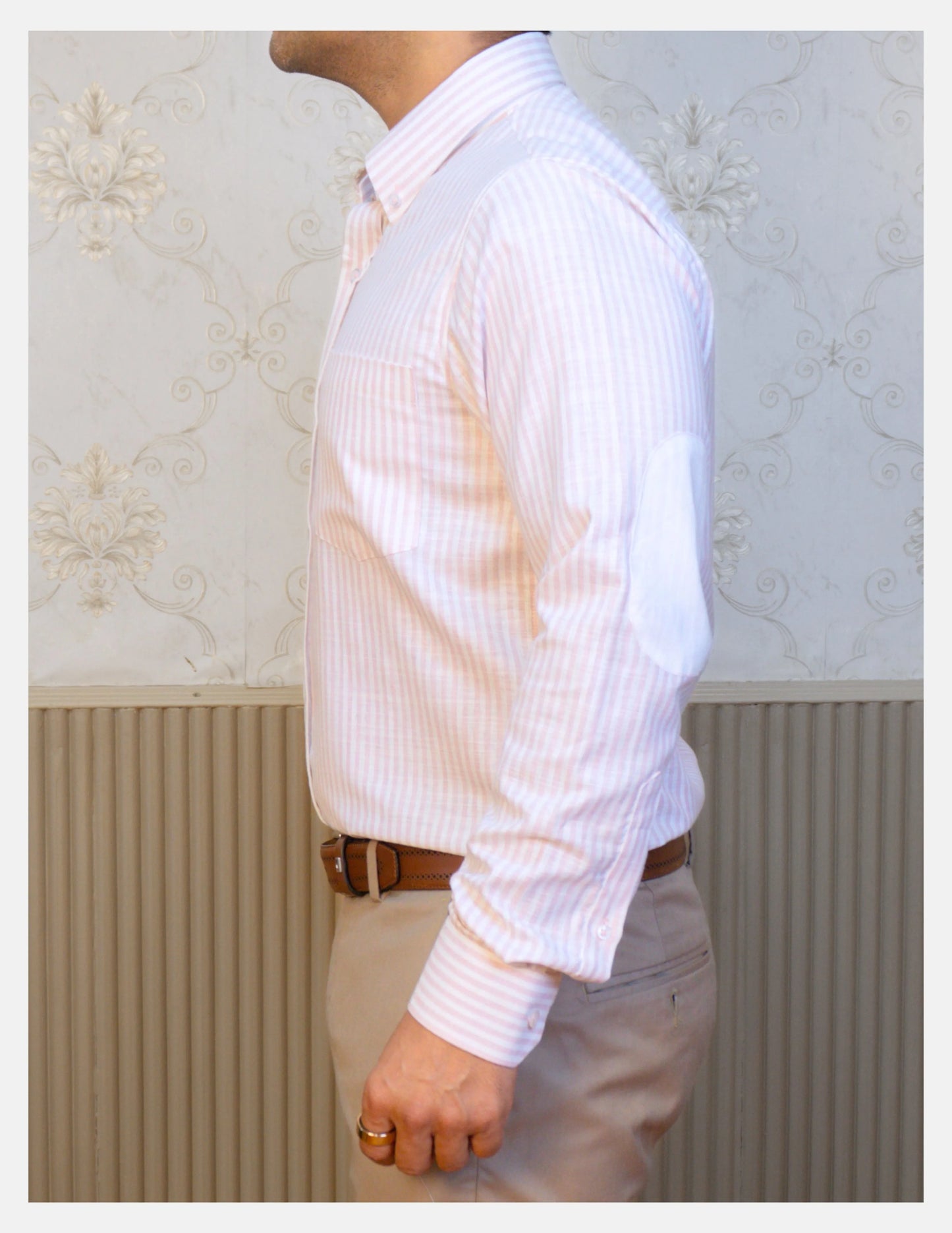 Pink Striped Linen Shirt for Men – White Contrast Button-Down Collar | Dignity | Side View with Elbow Patch