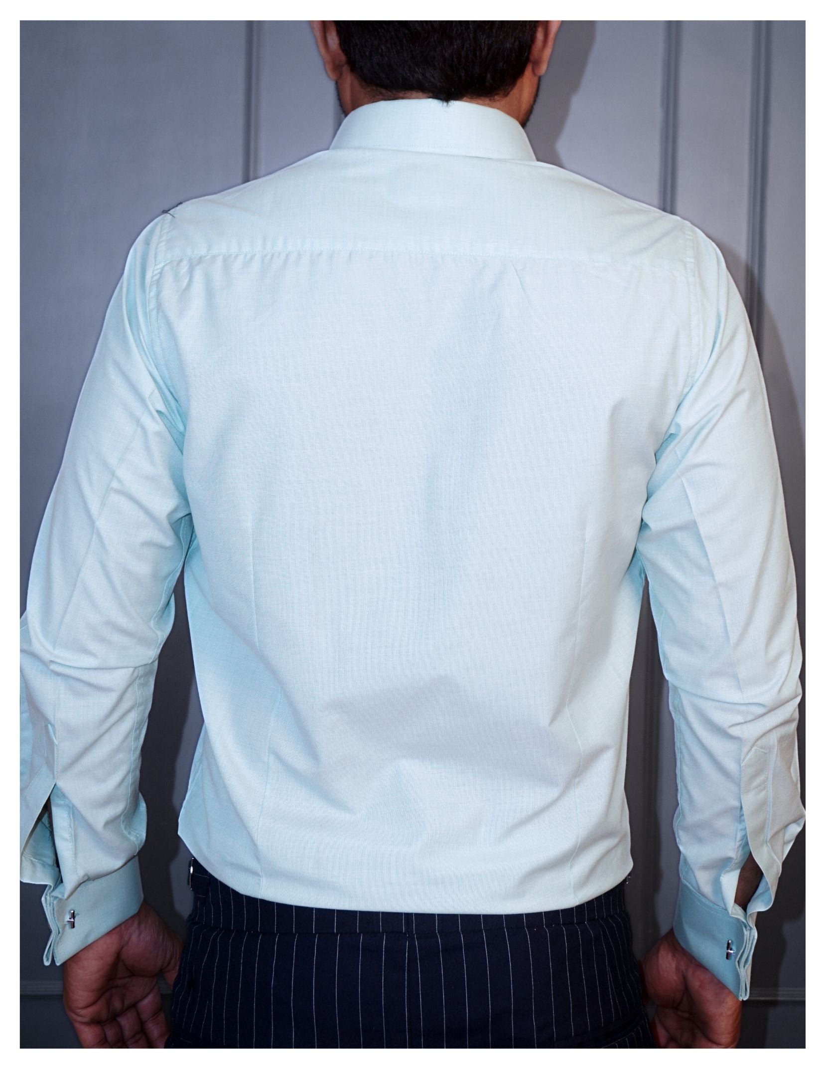Pista Green Formal Shirt in Filafil Cotton with French Cuffs and Concealed Button Down Collar | Dignity | Back  View