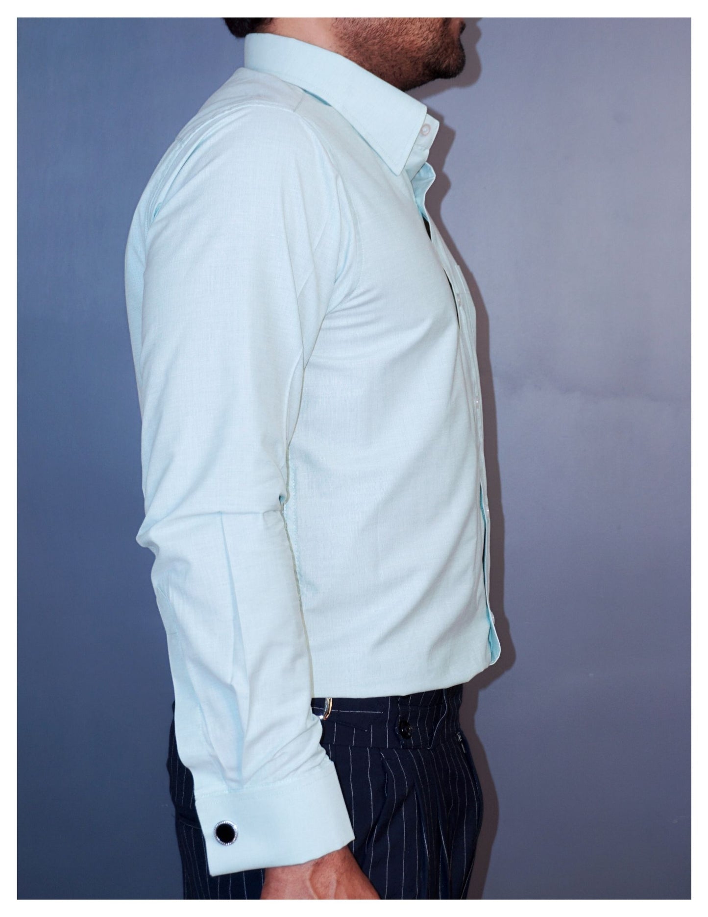 Pista Green Formal Shirt in Filafil Cotton with French Cuffs and Concealed Button Down Collar | Dignity | Side View