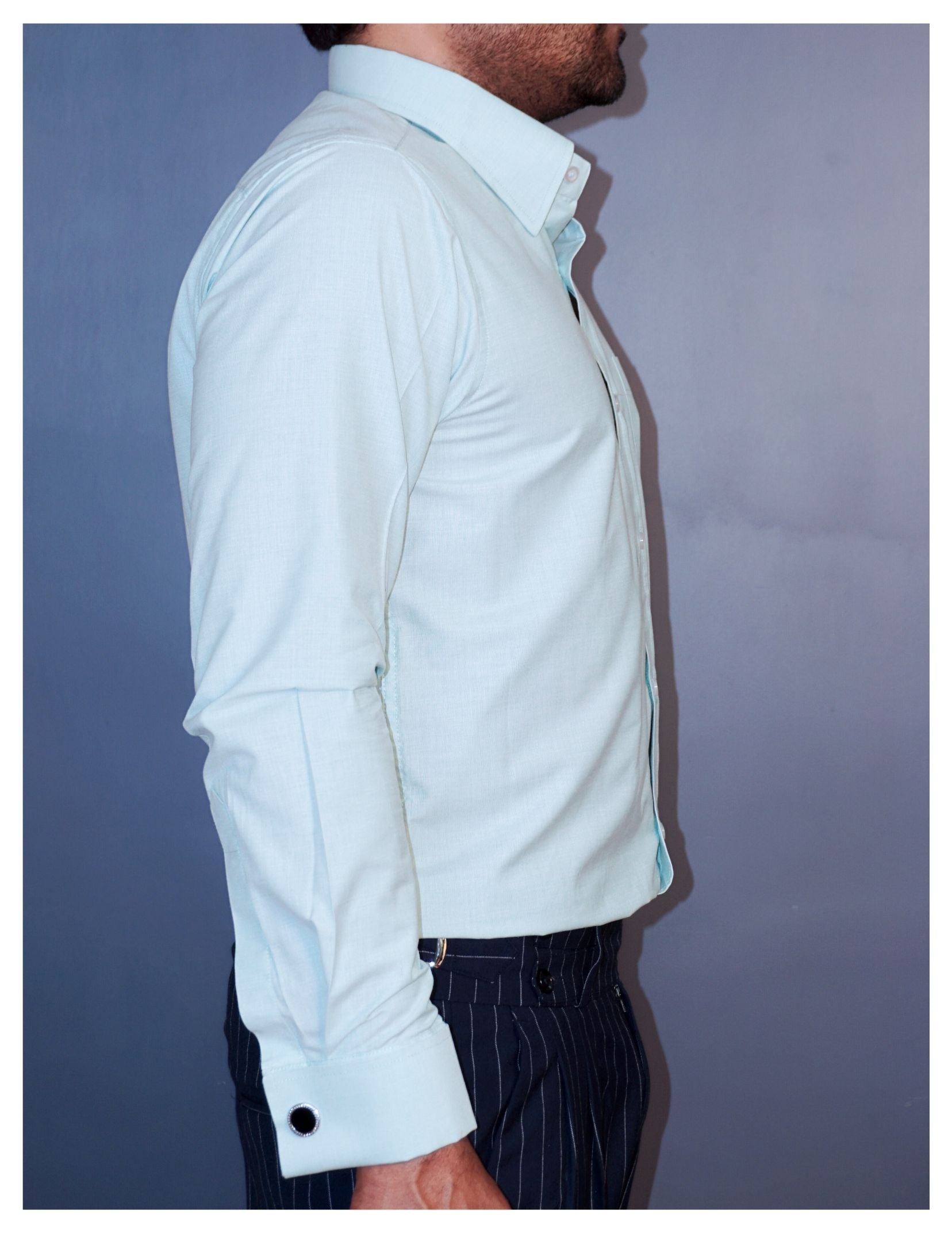 Pista Green Formal Shirt in Filafil Cotton with French Cuffs and Concealed Button Down Collar | Dignity | Side View