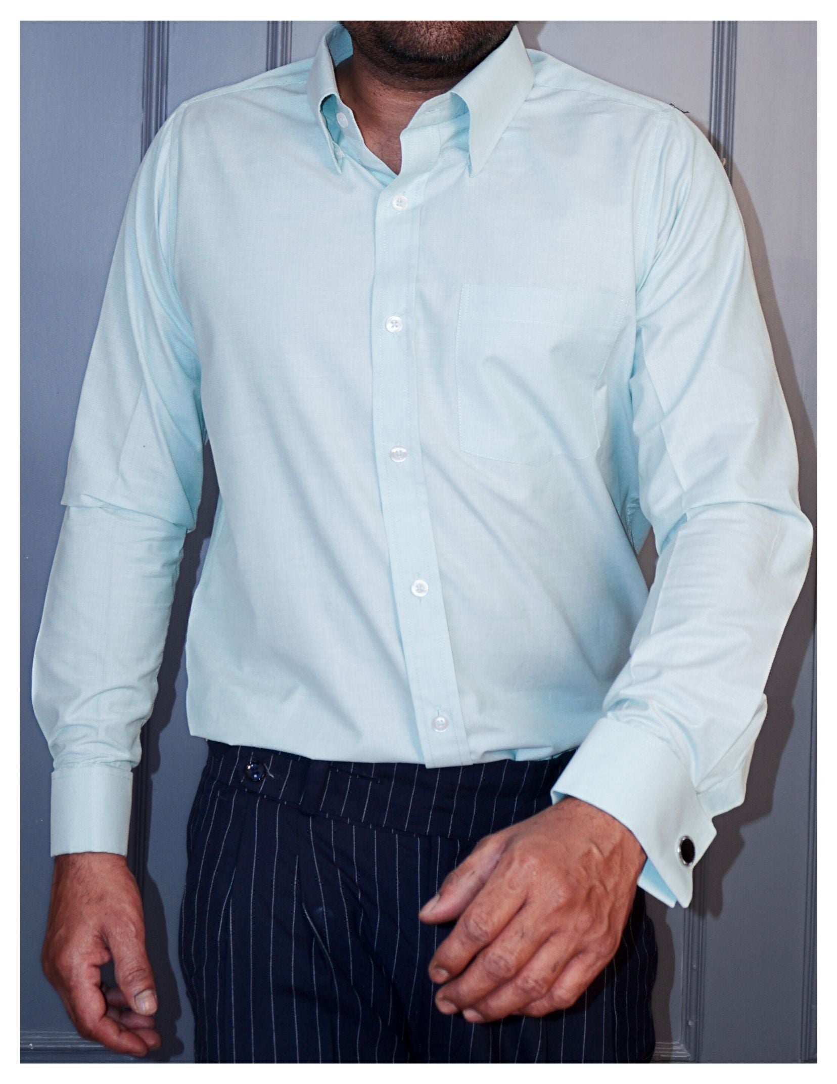 Pista Green Formal Shirt in Filafil Cotton with French Cuffs and Concealed Button Down Collar | Dignity | Walking View