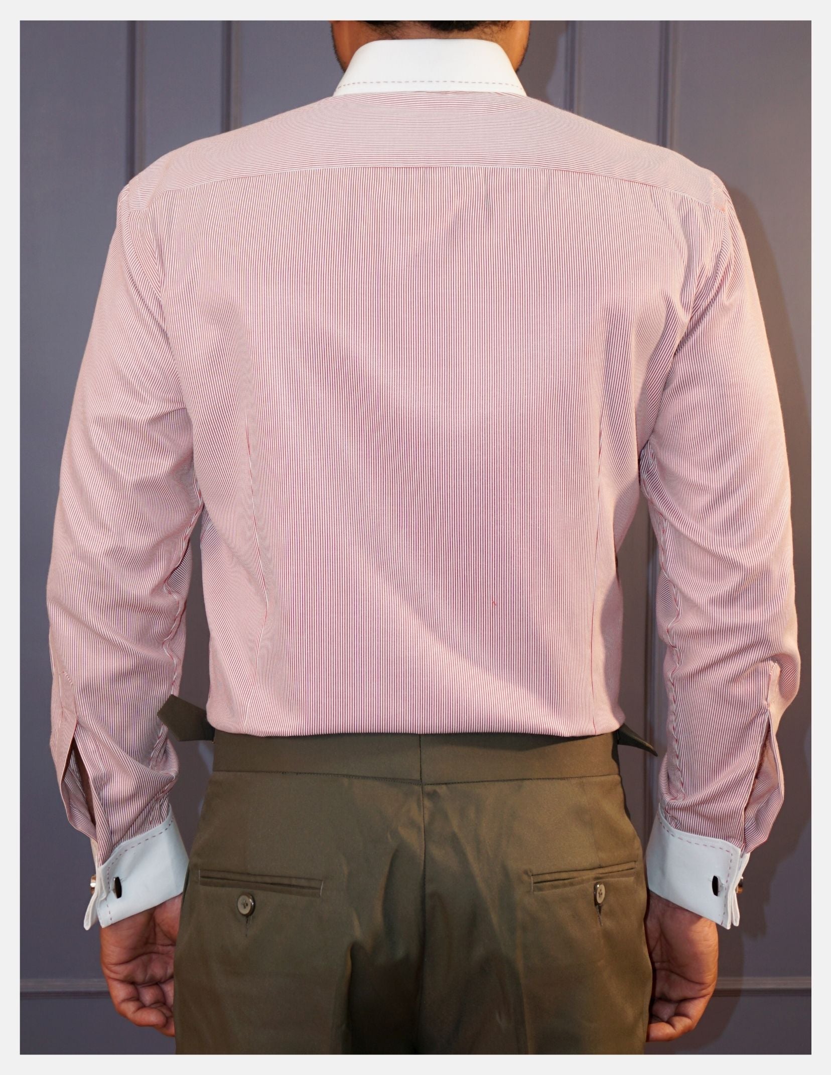 Red Hairline Stripe Formal Shirt for Men – White Contrast Collar & French Cuffs | Dignity | Back View