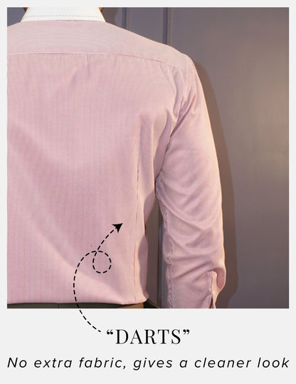 Red Hairline Stripe Formal Shirt for Men – White Contrast Collar & French Cuffs | Dignity | Darts to avoid muffin top View