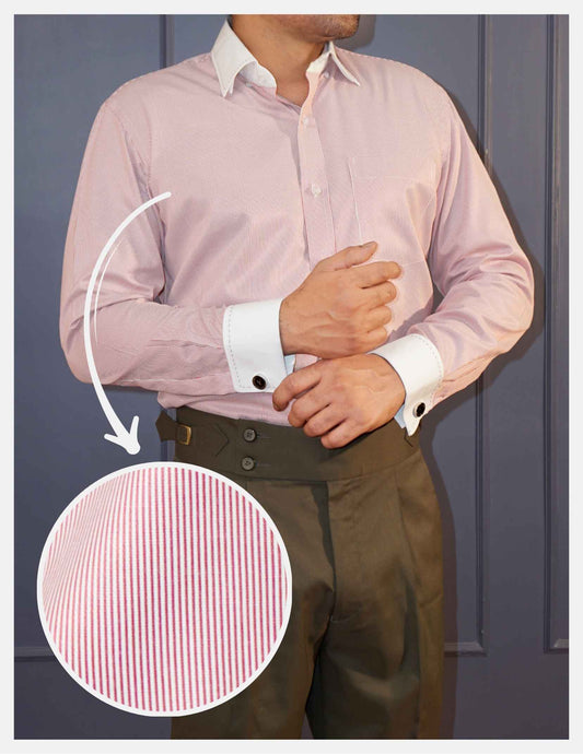Red Hairline Stripe Formal Shirt for Men – White Contrast Collar & French Cuffs | Dignity | Side View