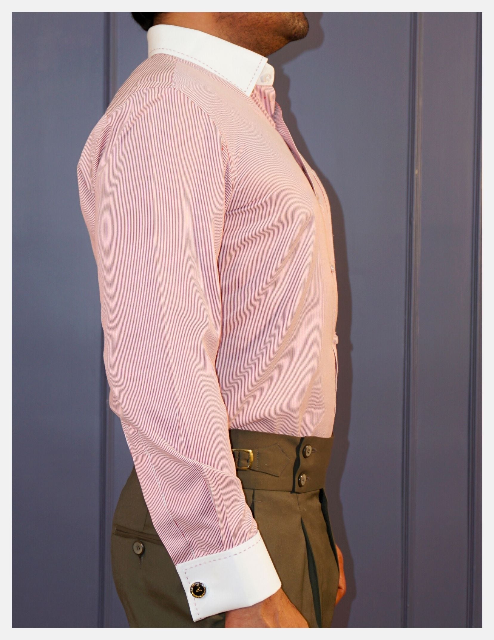 Red hairline stripe formal shirt with white contrast collar, French cuffs, concealed button-down collar and back darts. Includes complimentary cufflinks and cuff holder | Dignity | Side View