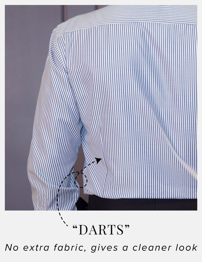 Royal Blue Banker Stripe Formal Shirt for Men – White Contrast Collar & French Cuffs | Dignity | Darts at the back to avoid muffin tops View
