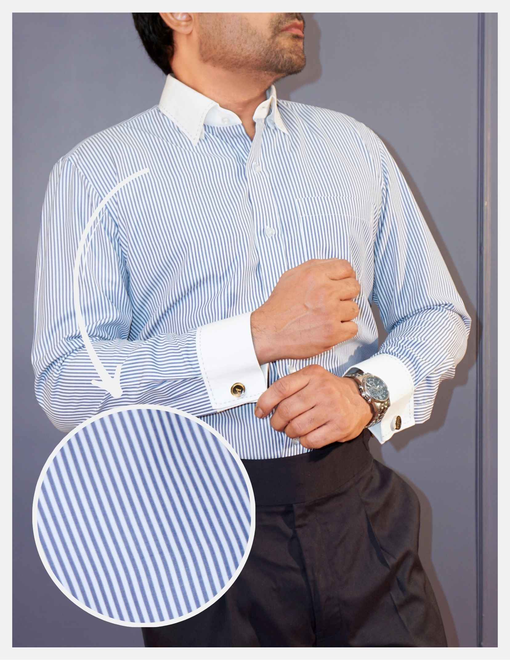 Royal Blue Banker Stripe Formal Shirt for Men – White Contrast Collar & French Cuffs | Dignity | Front View