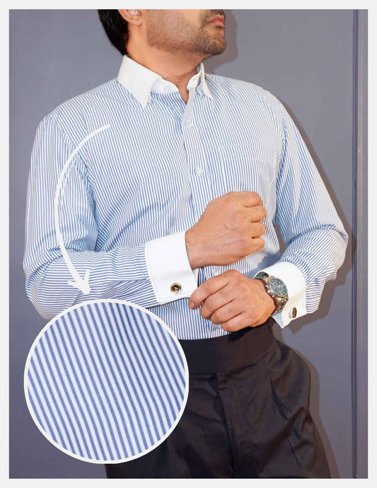 Royal Blue Banker Stripe Formal Shirt for Men – White Contrast Collar & French Cuffs | Dignity | Front View