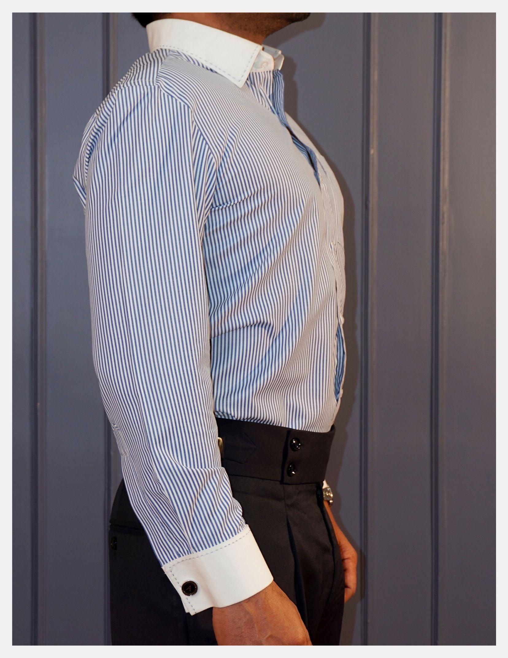 Royal Blue Banker Stripe Formal Shirt for Men – White Contrast Collar & French Cuffs | Dignity | Side View