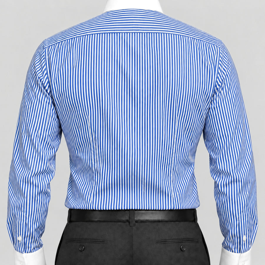 Royal Blue Stripe Banker's Shirt for Men – White Contrast Collar & French Cuffs, Cotton Blend