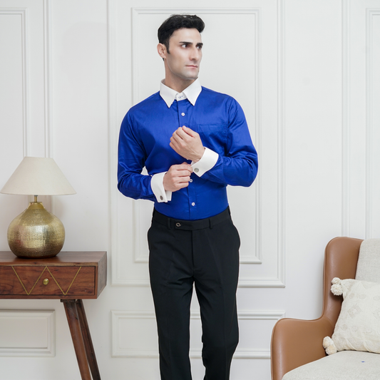 Royal Blue Cotton Satin Formal Shirt for Men – White Contrast Collar & French Cuffs/ front view