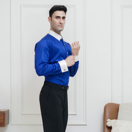 Royal Blue Cotton Satin Formal Shirt for Men – White Contrast Collar & French Cuffs/ side view
