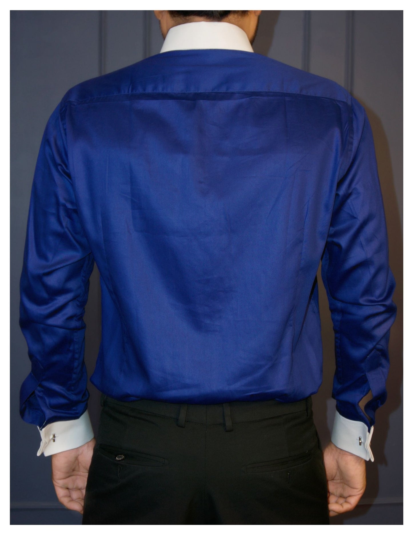Royal Blue Cotton Satin Formal Shirt with White Contrast Collar and Cuff | Dignity | Back View