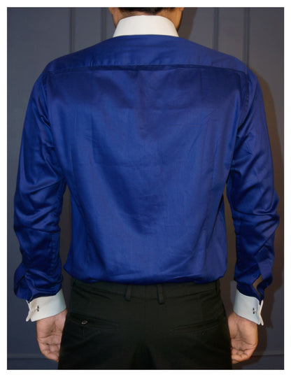 Royal Blue Cotton Satin Formal Shirt with White Contrast Collar and Cuff | Dignity | Back View