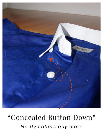 Royal Blue Cotton Satin Formal Shirt with White Contrast Collar and Cuff | Dignity | Concealed Button Down Collar View