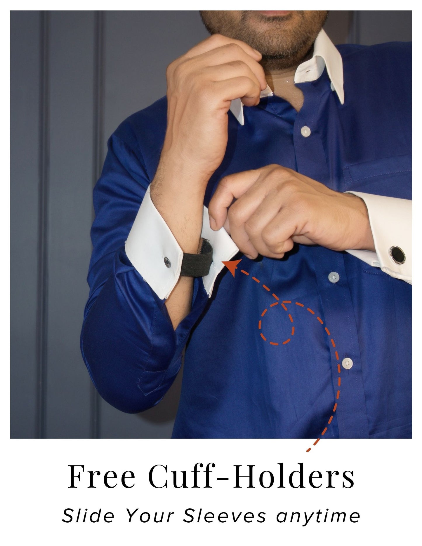 Royal Blue Cotton Satin Formal Shirt with White Contrast Collar and Cuff | Dignity | French Cuff and Free Cuff Holder View