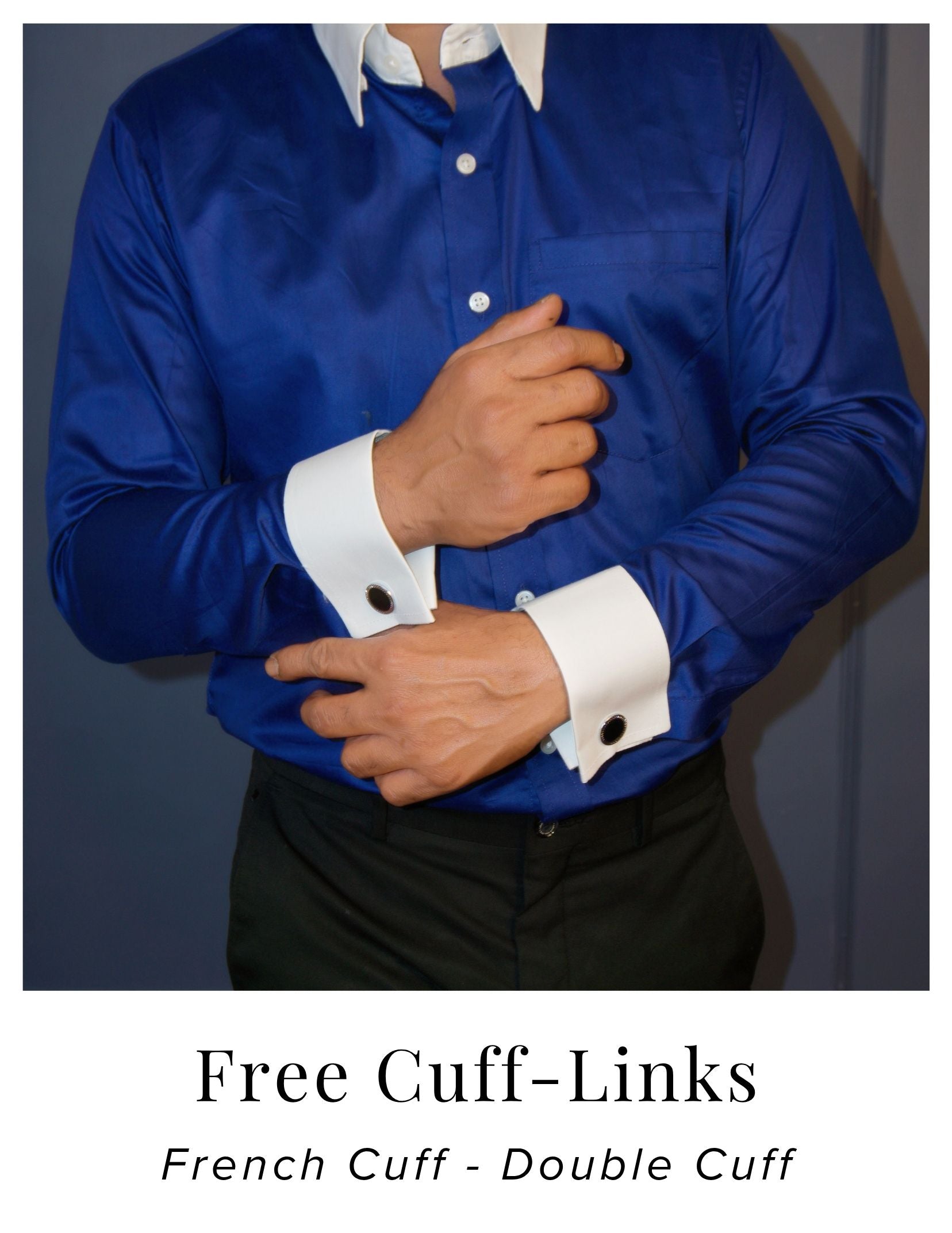 Royal Blue Cotton Satin Formal Shirt with White Contrast Collar and Cuff | Dignity | French Cuff and Free Cuff Links View
