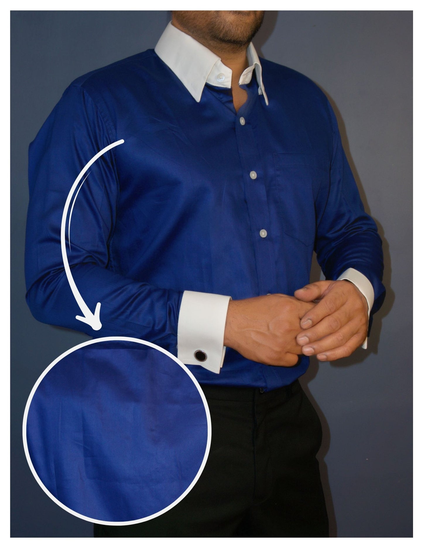 Royal Blue Cotton Satin Formal Shirt with White Contrast Collar and Cuff | Dignity | Front View