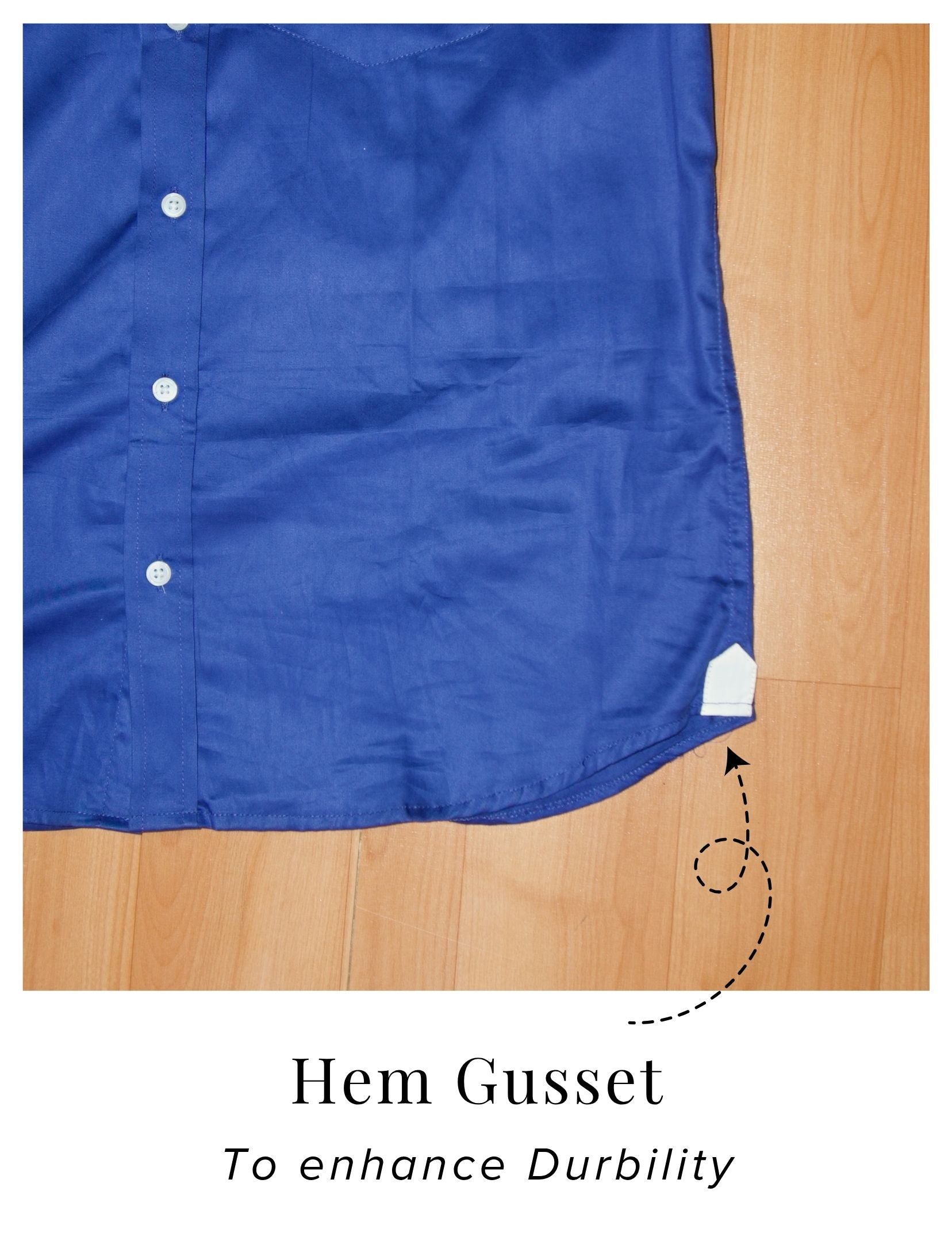 Royal Blue Cotton Satin Formal Shirt with White Contrast Collar and Cuff | Dignity | Hem Gusset View