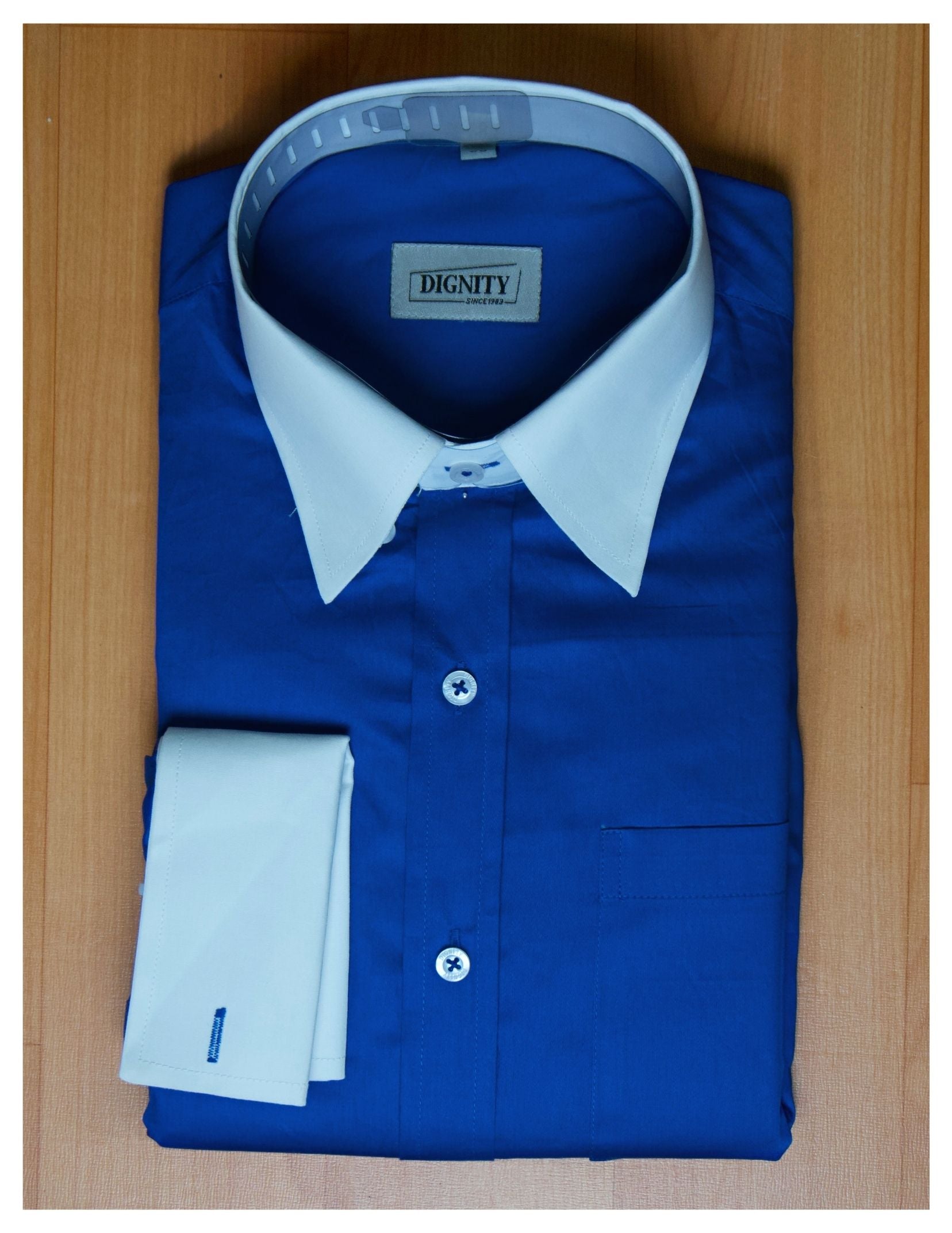 Royal Blue Cotton Satin Formal Shirt with White Contrast Collar and Cuff | Dignity | Packing Packing View