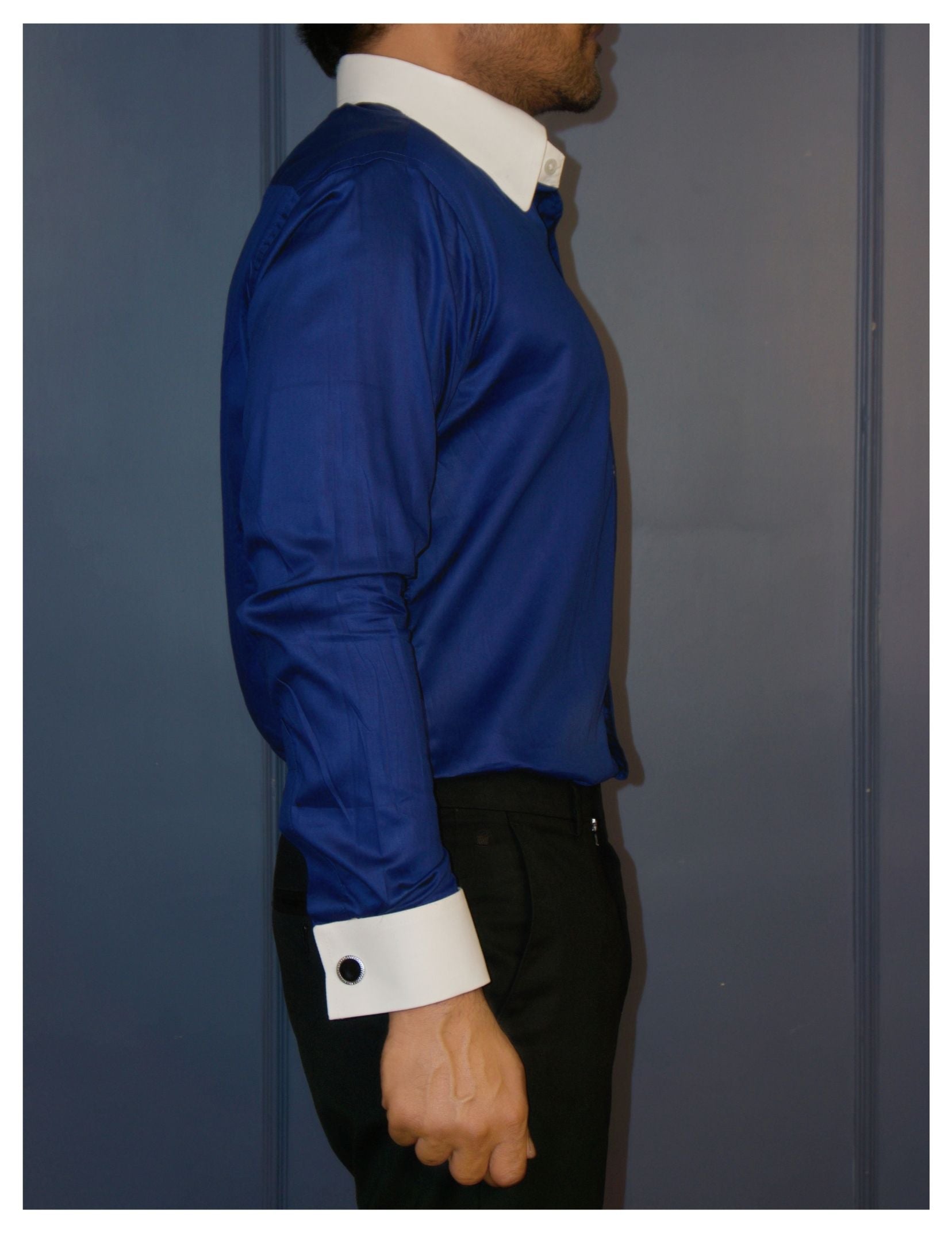 Royal Blue Cotton Satin Formal Shirt with White Contrast Collar and Cuff | Dignity | Side View