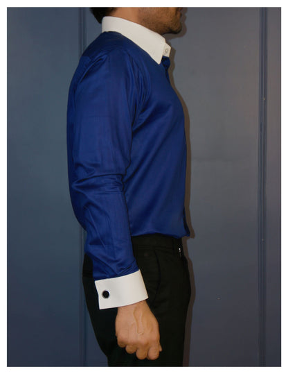 Royal Blue Cotton Satin Formal Shirt with White Contrast Collar and Cuff | Dignity | Side View