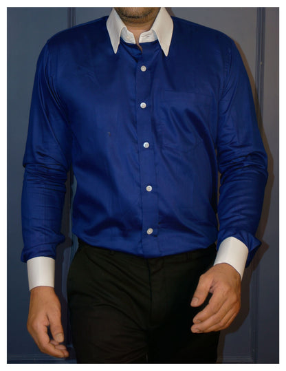 Royal Blue Cotton Satin Formal Shirt with White Contrast Collar and Cuff | Dignity | Walking View