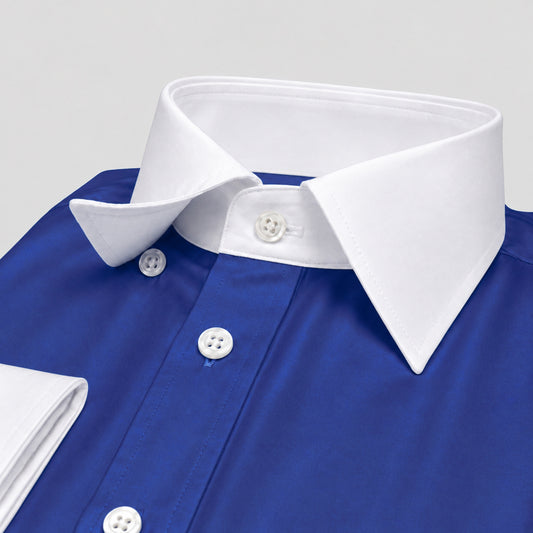 Royal Blue Cotton Satin Formal Shirt for Men – White Contrast Collar & French Cuffs