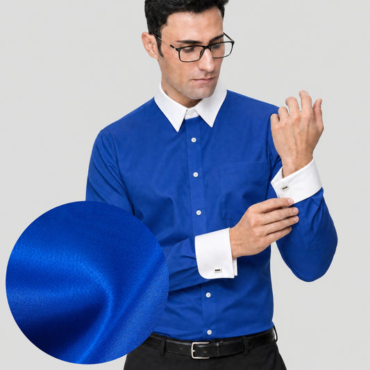 Royal Blue Cotton Satin Formal Shirt for Men – White Contrast Collar & French Cuffs